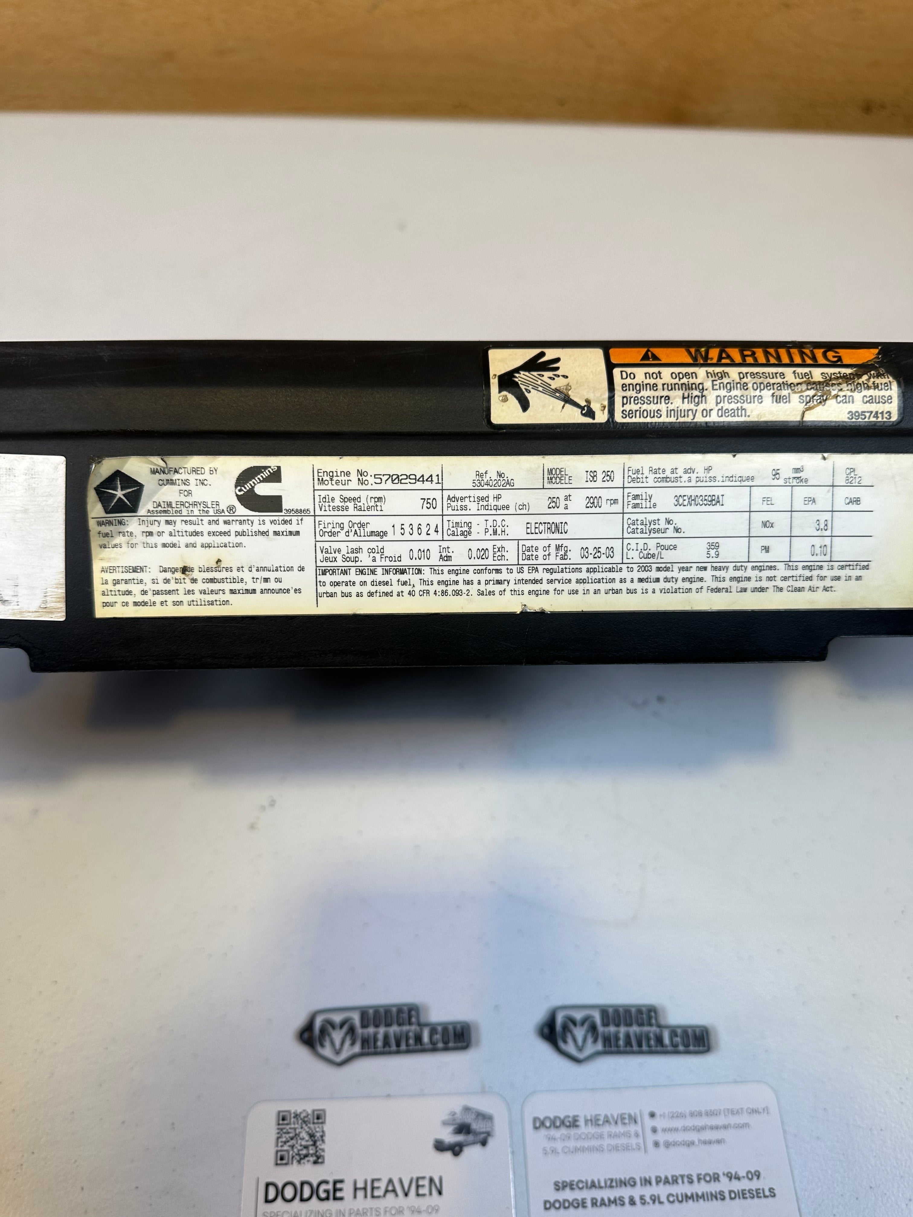 2003-2005 Dodge Ram 2500 3500 5.9L Cummins Valve Cover Plastic Trim (OEM)