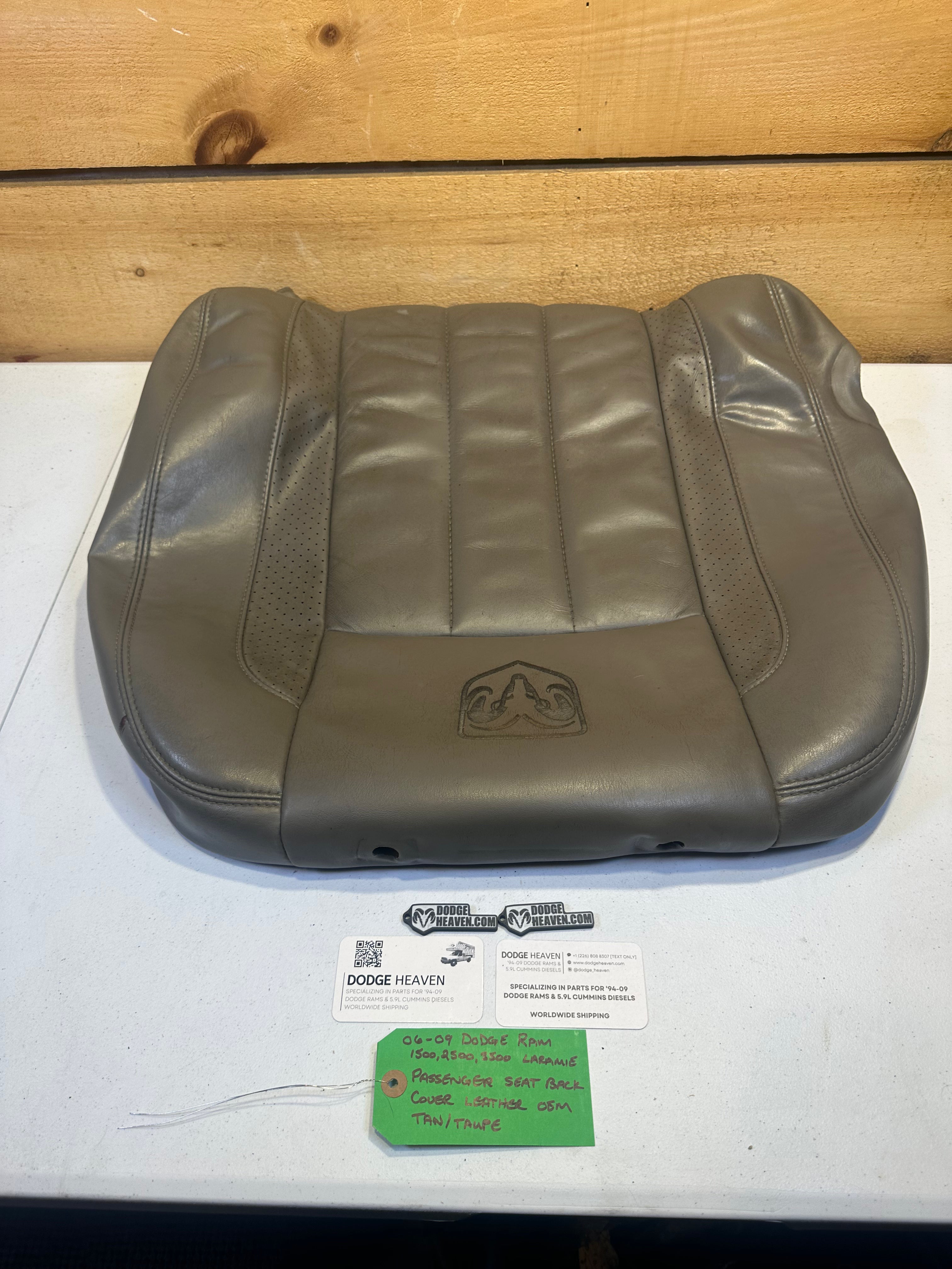 2006-2009 Dodge Ram Laramie Passenger-Side Seat Back Cover Leather Tan / Taupe (OEM)