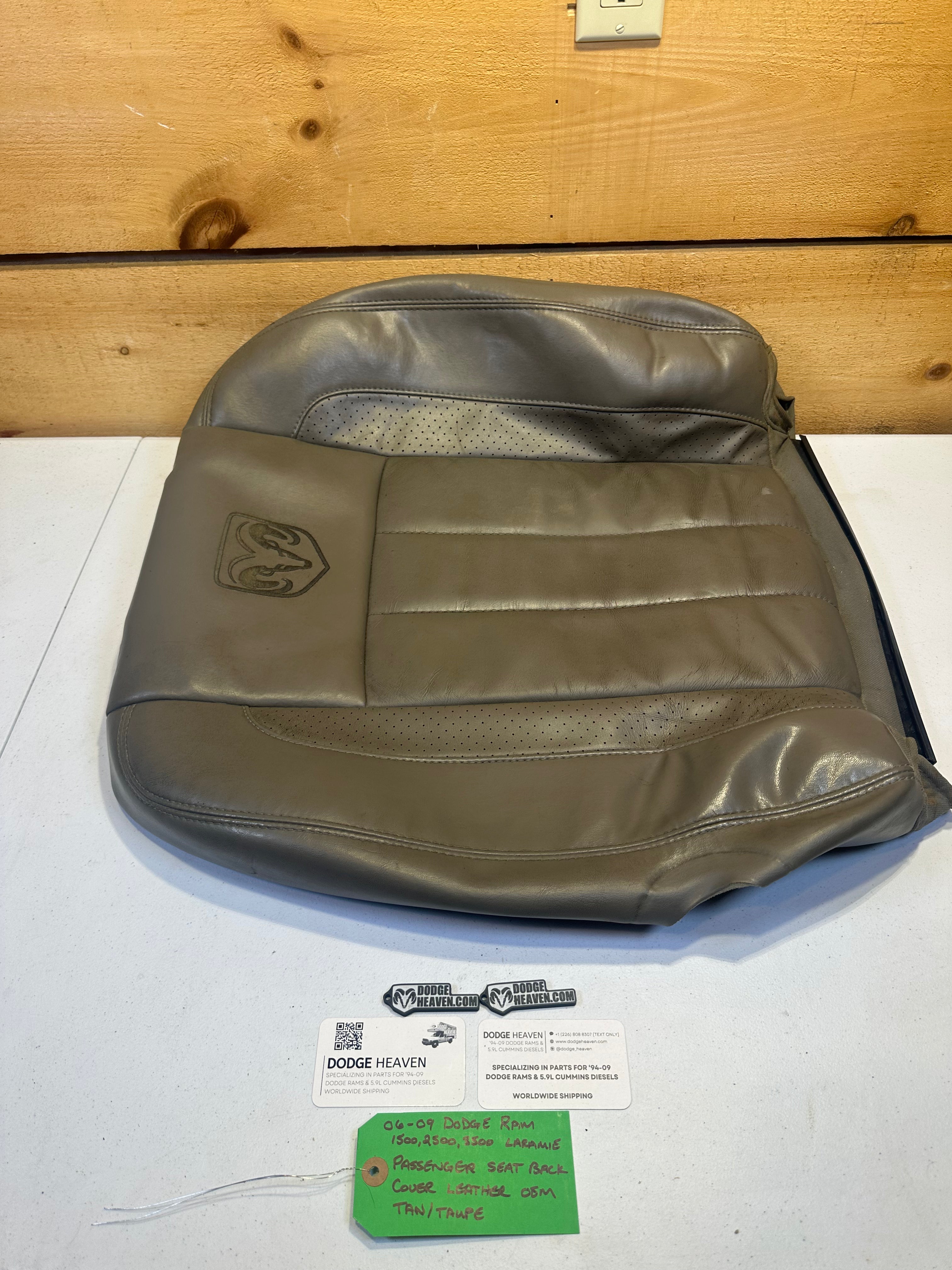 2006-2009 Dodge Ram Laramie Passenger-Side Seat Back Cover Leather Tan / Taupe (OEM)