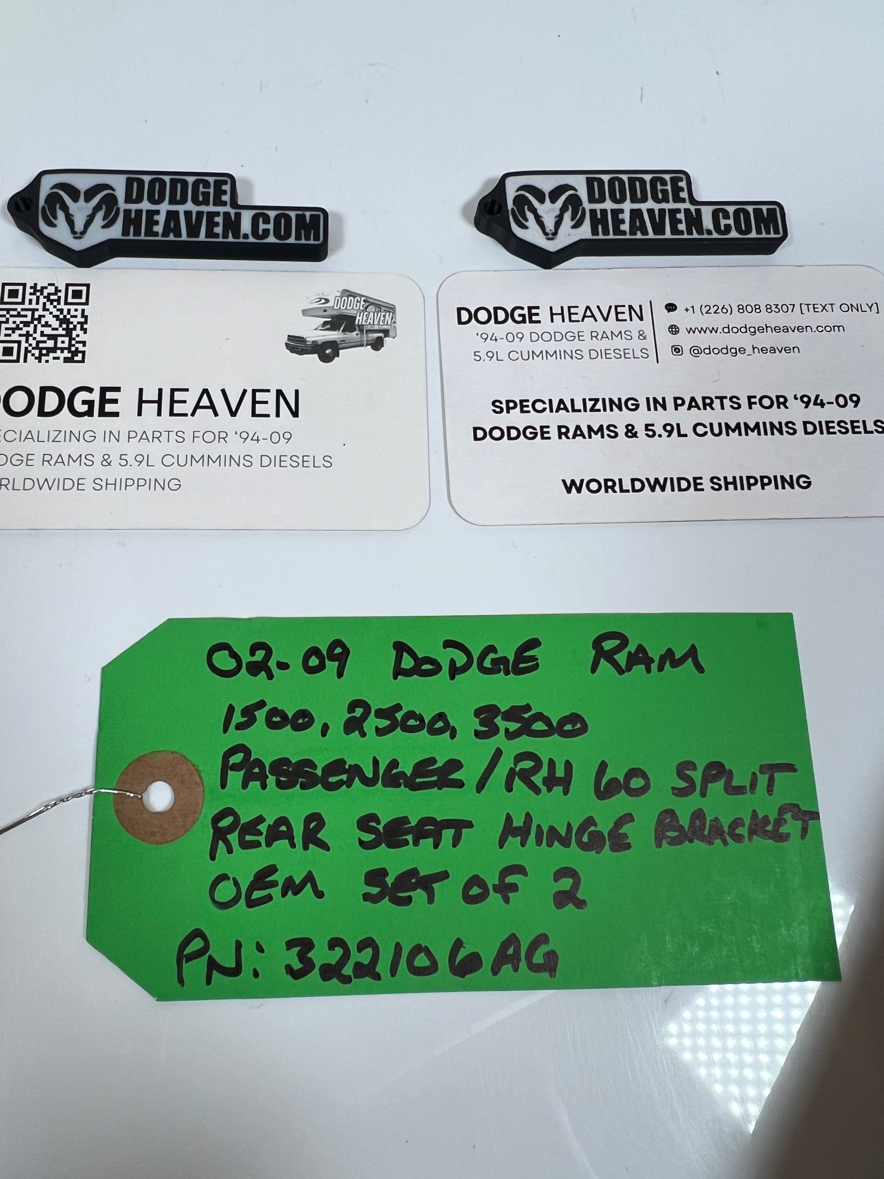 2002-2009 Dodge Ram Driver / RH 60 Split Rear Seat Hinge Brackets