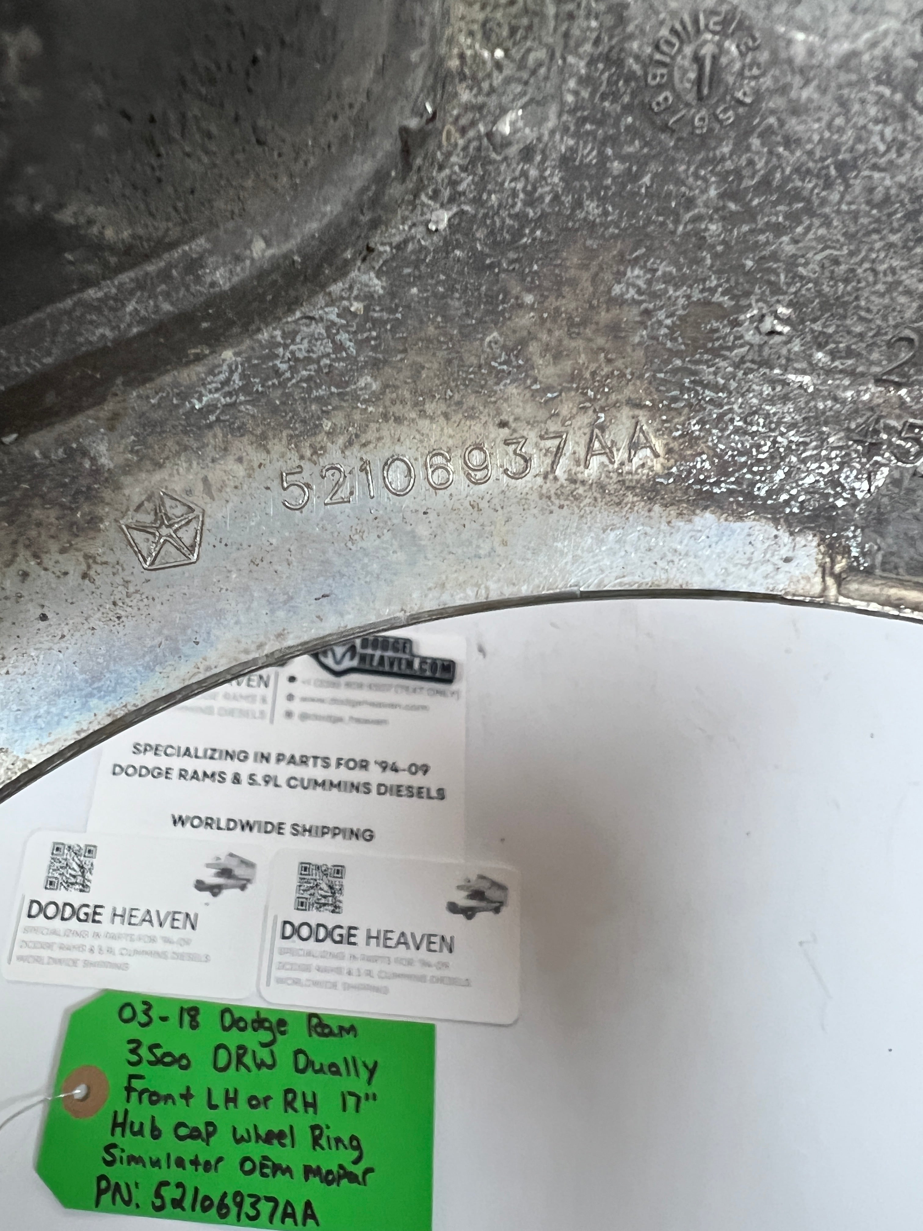 2003-2018 Dodge Ram 3500 DRW dually Front Hub Cap Wheel Ring Simulator 17"