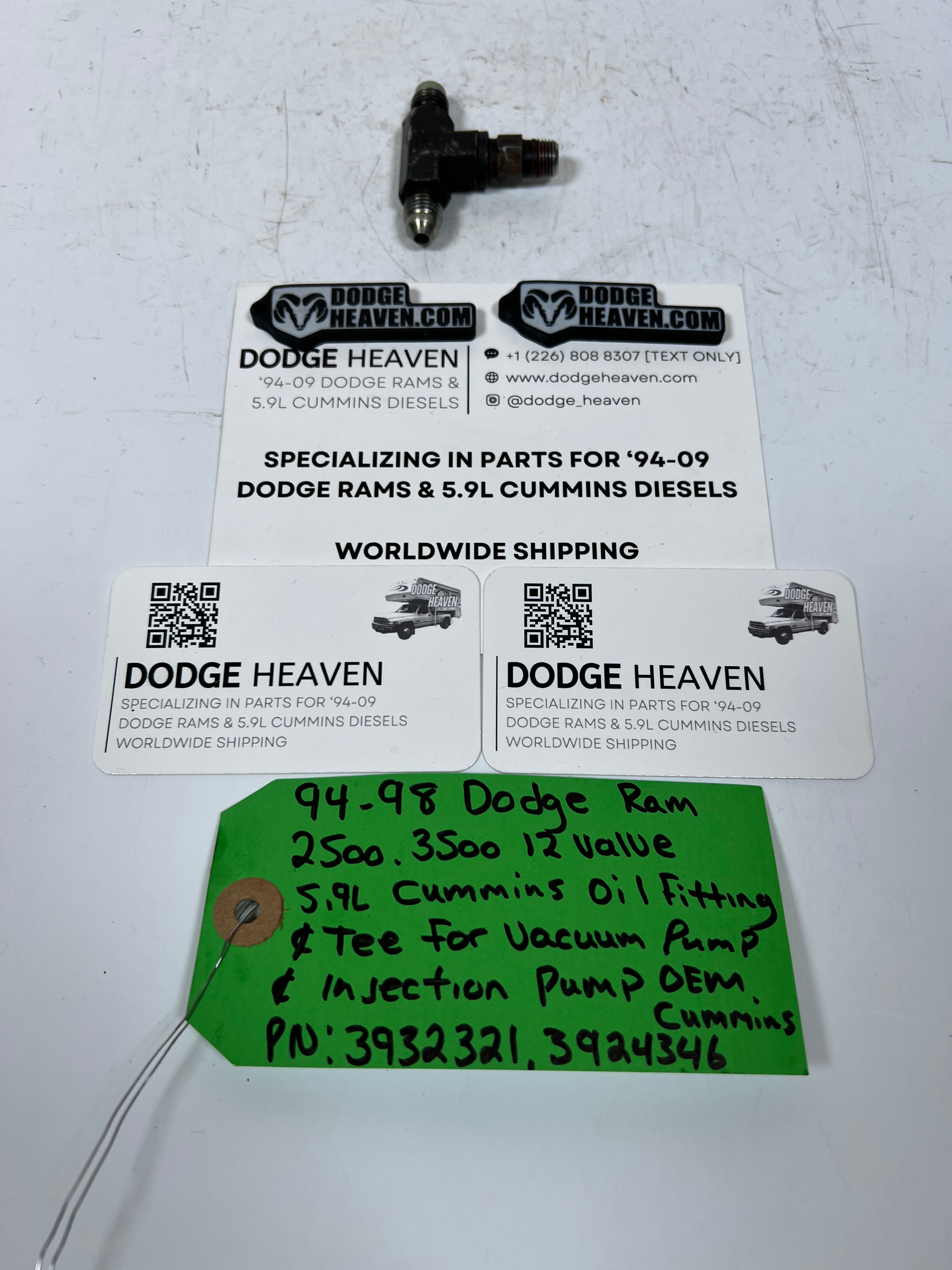 1994-1998 Dodge Ram 12V 5.9L Cummins Oil Fitting Tee Fitting Vacuum Pump