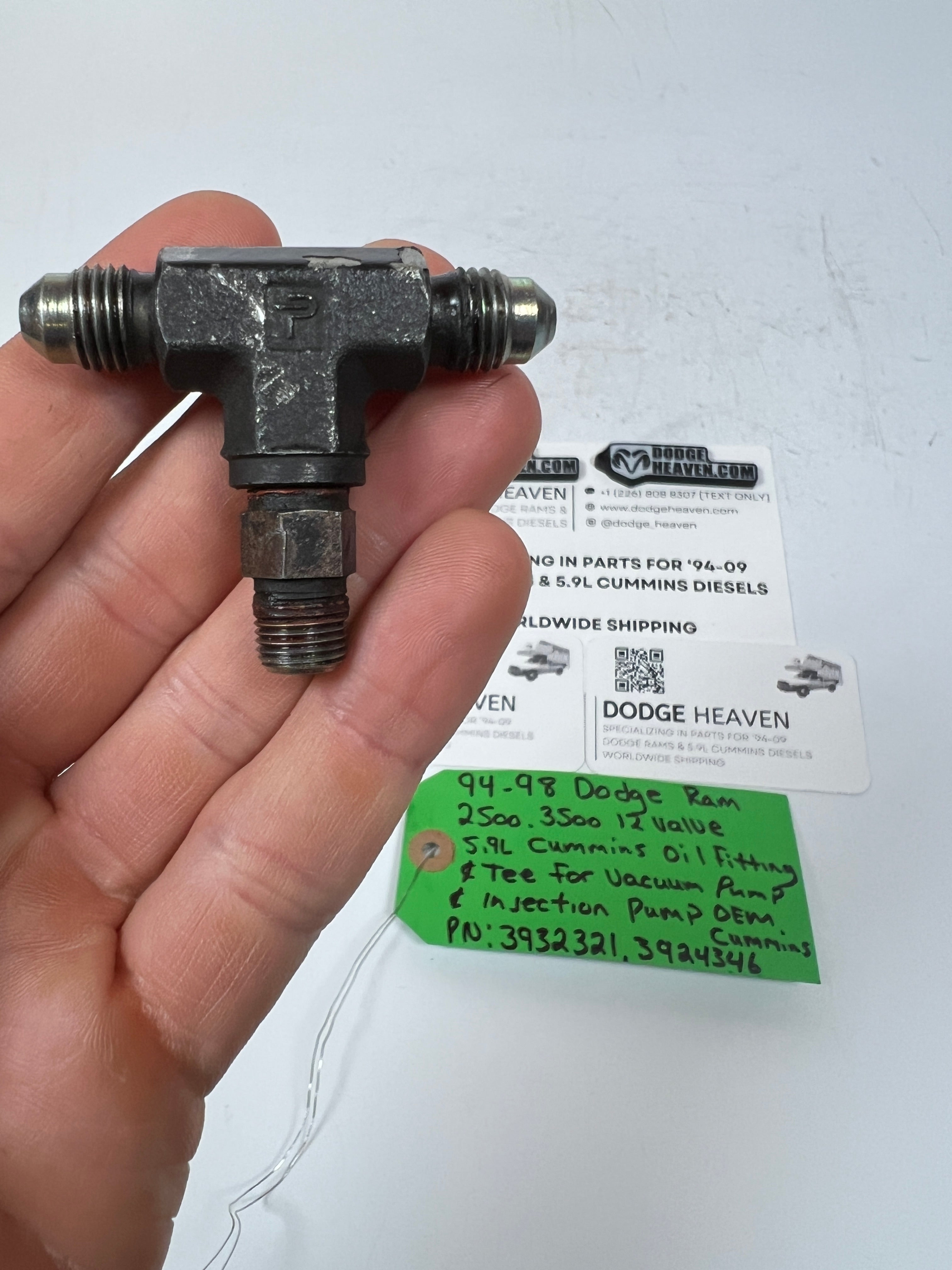 1994-1998 Dodge Ram 12V 5.9L Cummins Oil Fitting Tee Fitting Vacuum Pump