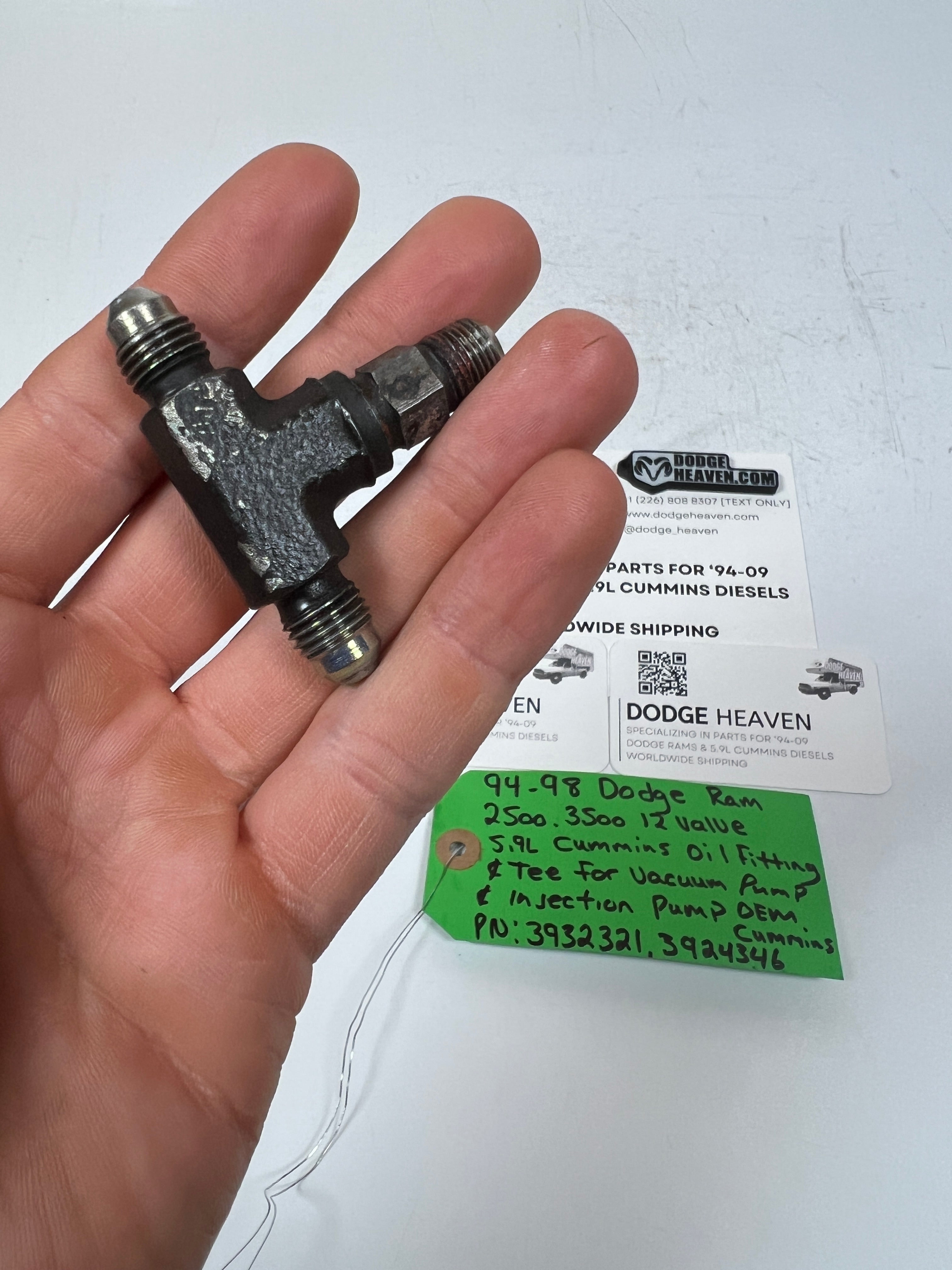 1994-1998 Dodge Ram 12V 5.9L Cummins Oil Fitting Tee Fitting Vacuum Pump