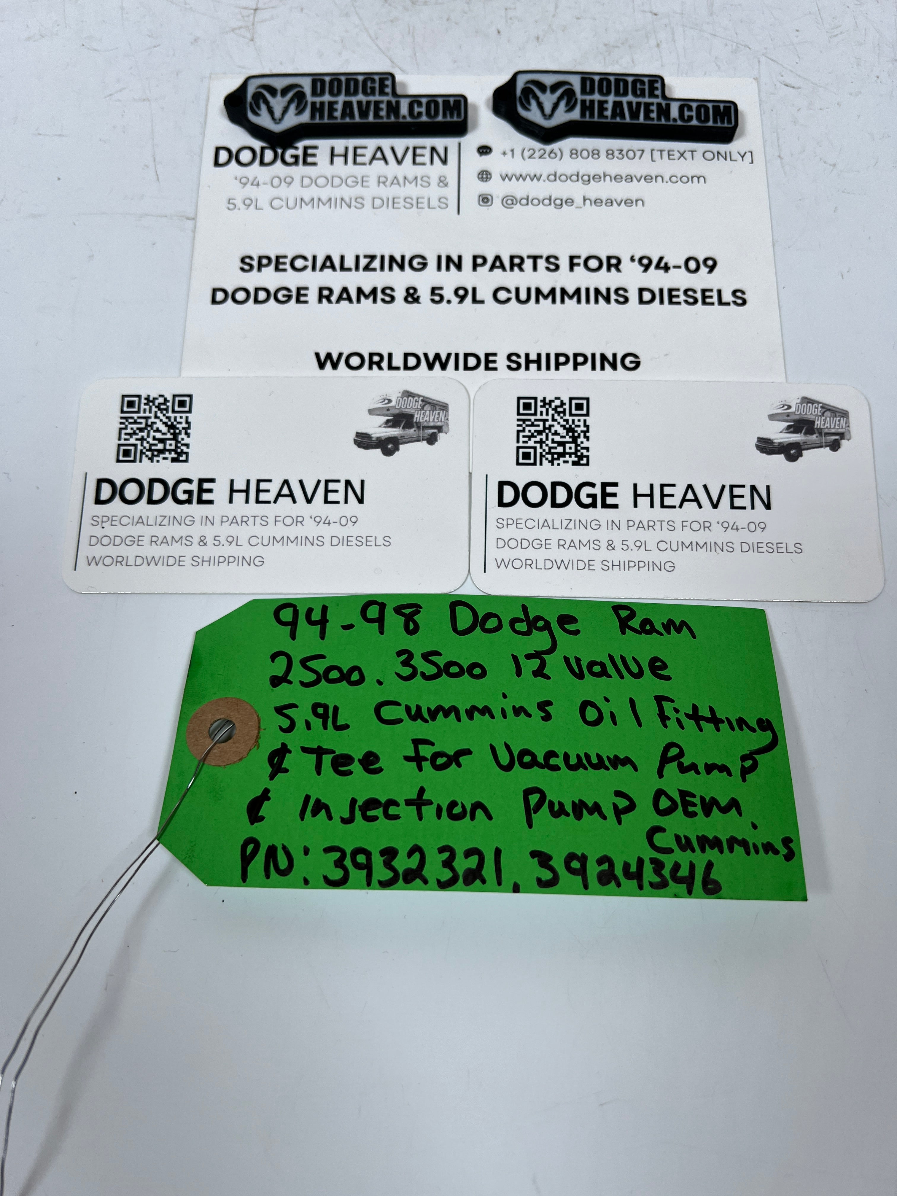 1994-1998 Dodge Ram 12V 5.9L Cummins Oil Fitting Tee Fitting Vacuum Pump