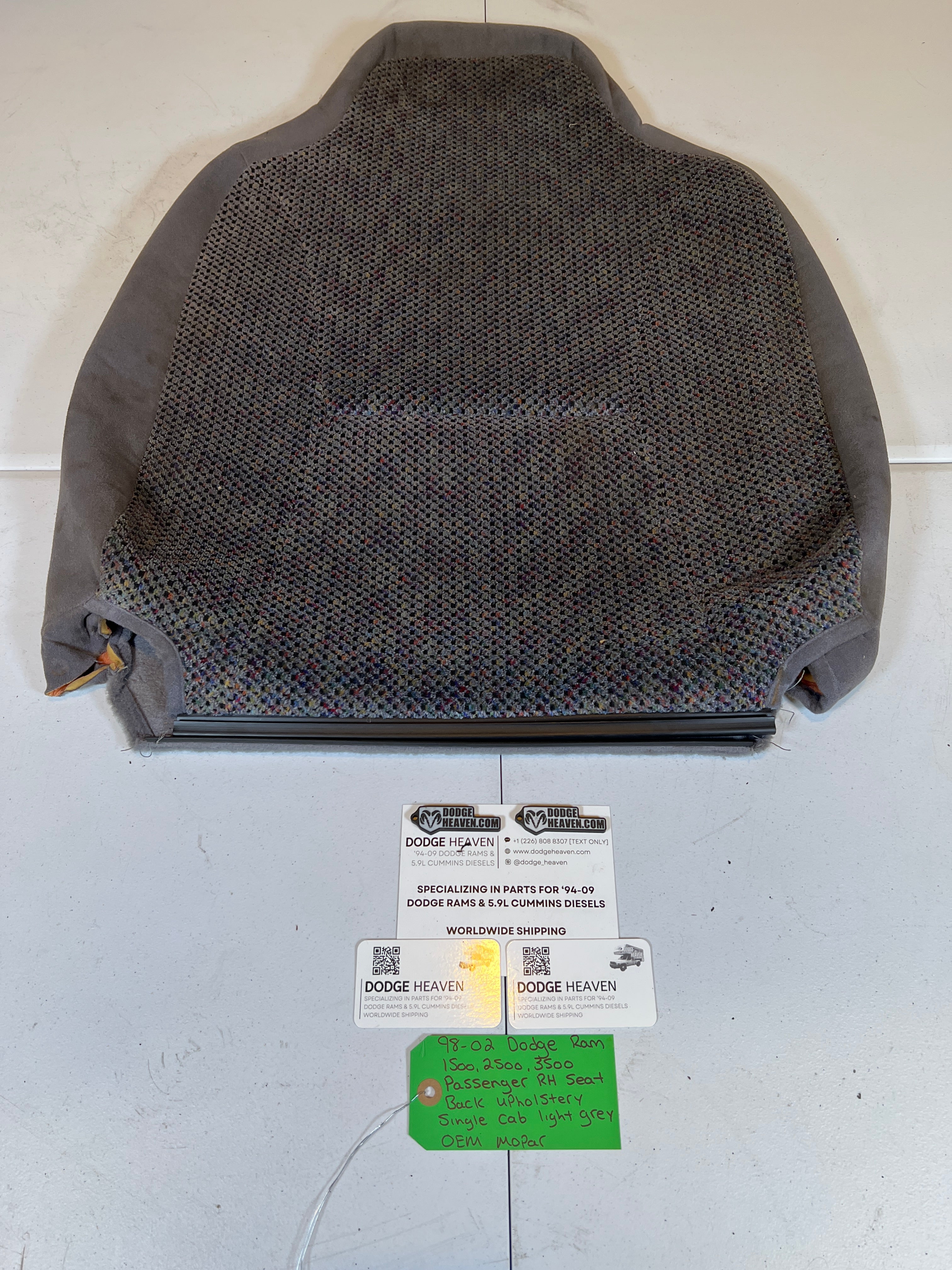 1998-2002 Dodge Ram Single Cab Passenger RH Seat Back Upholstery Light Grey