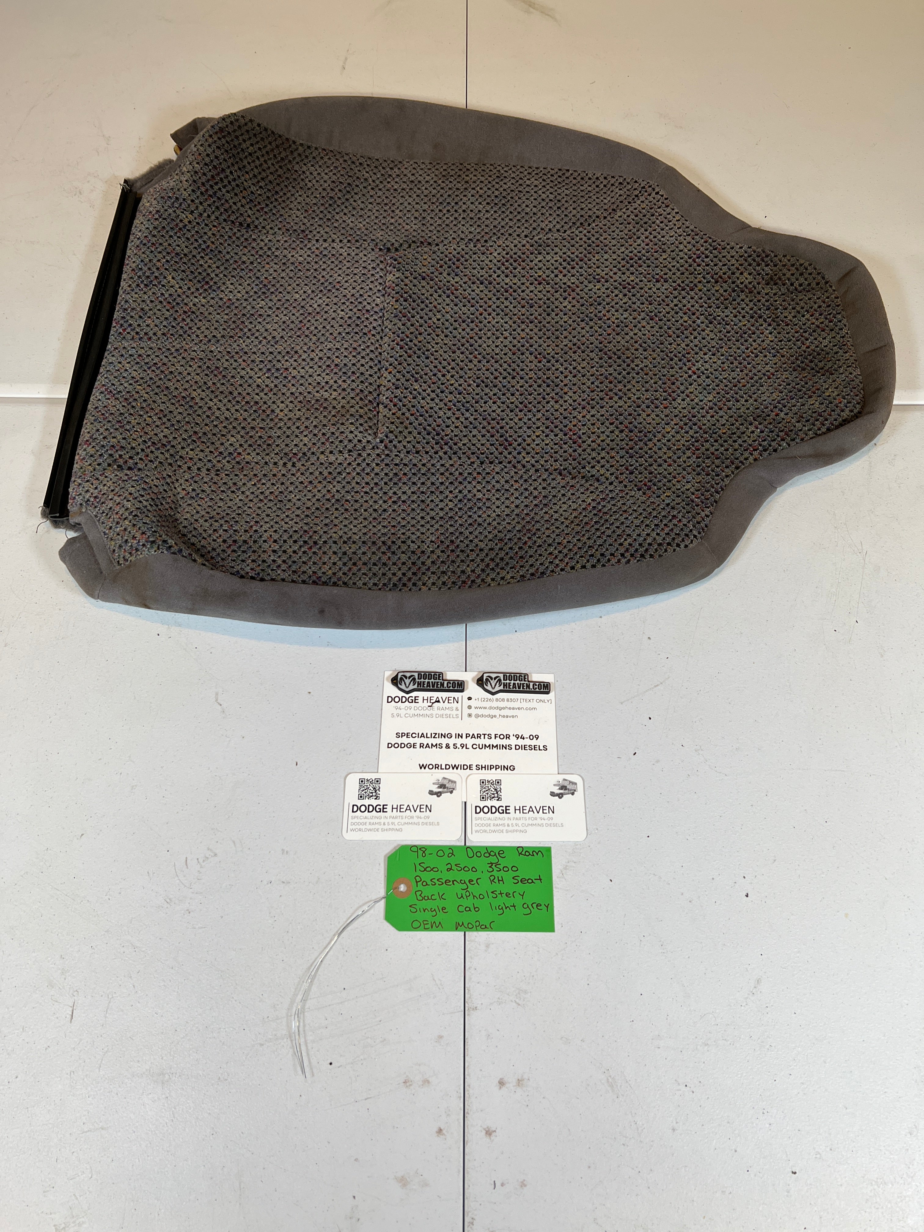 1998-2002 Dodge Ram Single Cab Passenger RH Seat Back Upholstery Light Grey
