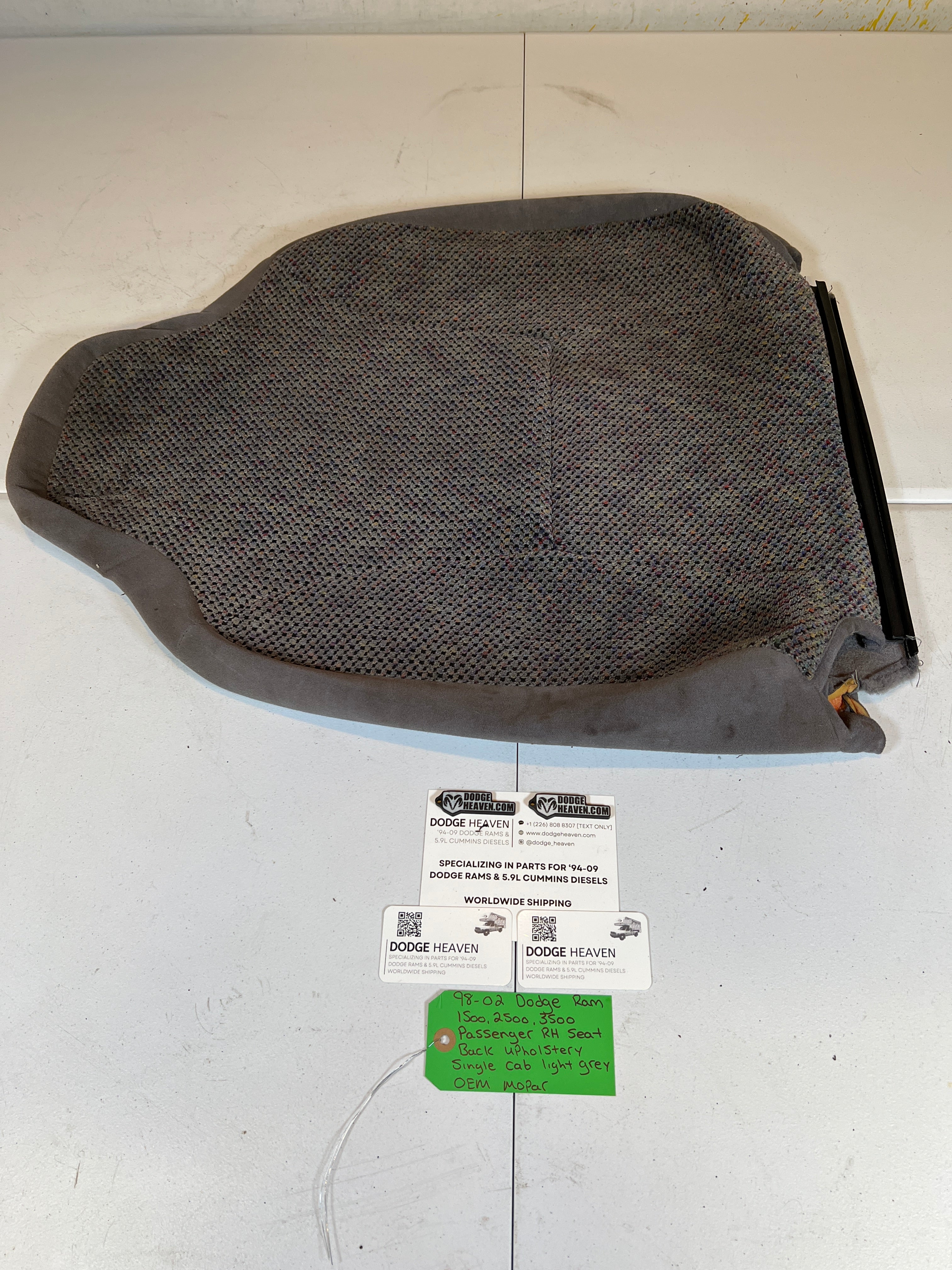 1998-2002 Dodge Ram Single Cab Passenger RH Seat Back Upholstery Light Grey