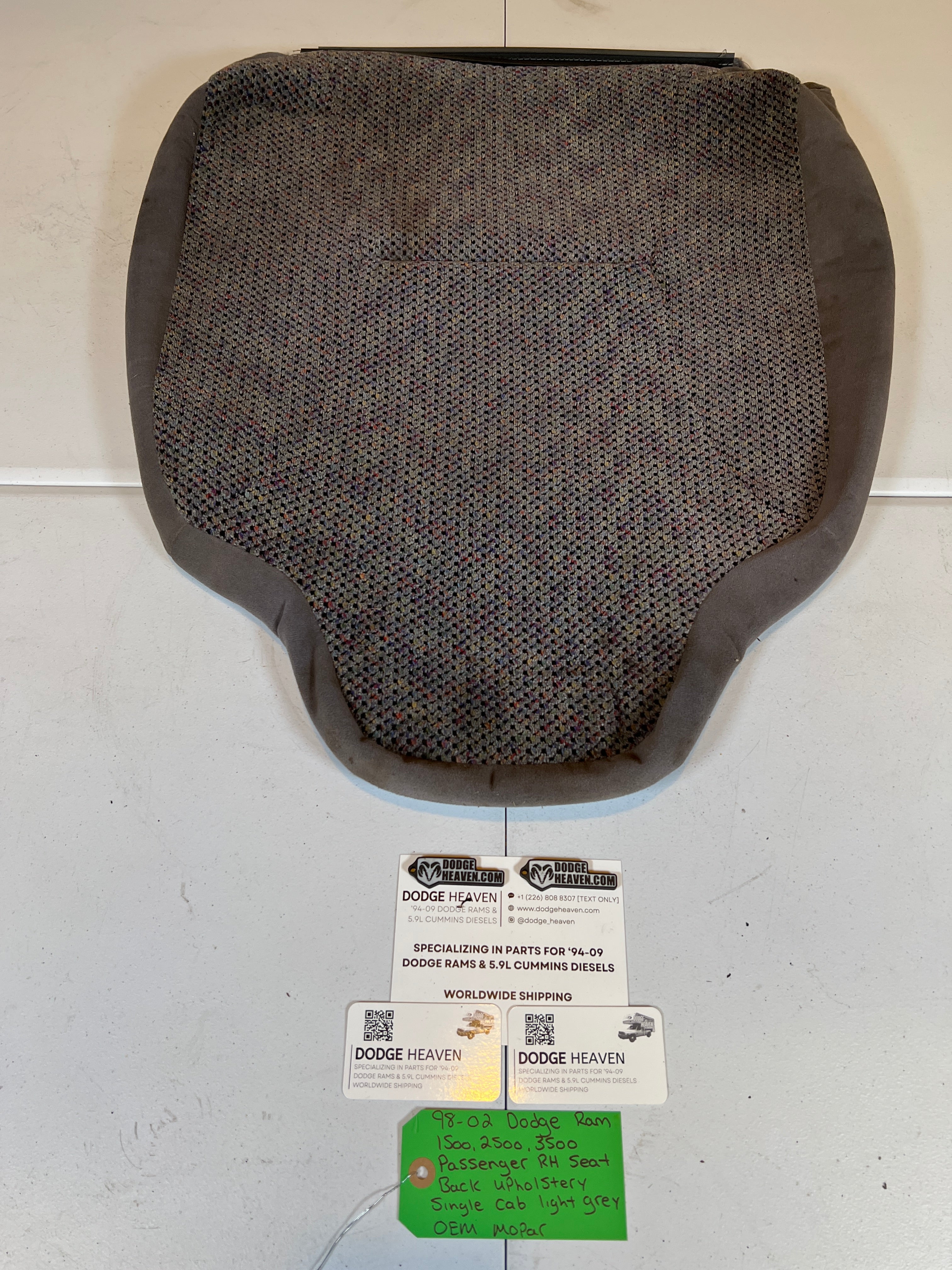 1998-2002 Dodge Ram Single Cab Passenger RH Seat Back Upholstery Light Grey