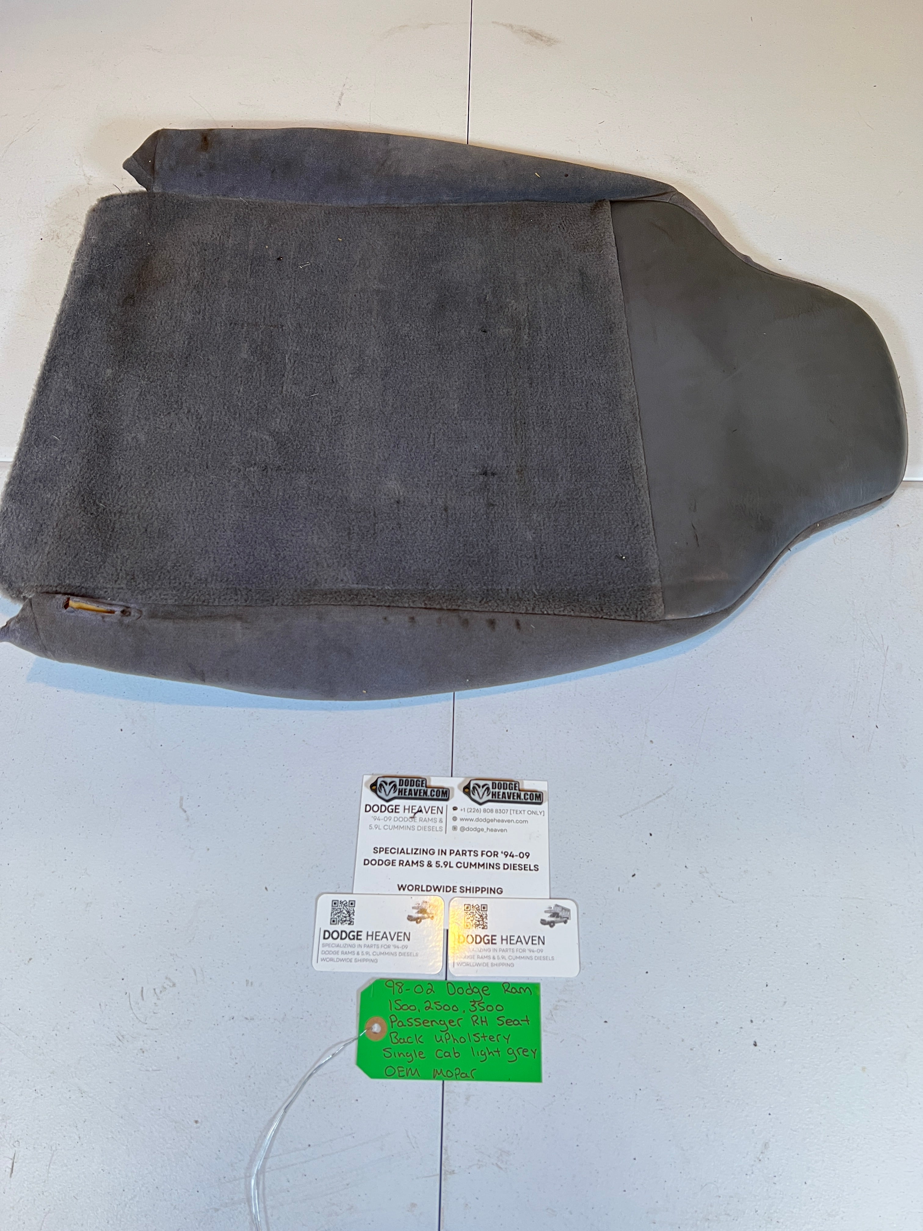 1998-2002 Dodge Ram Single Cab Passenger RH Seat Back Upholstery Light Grey