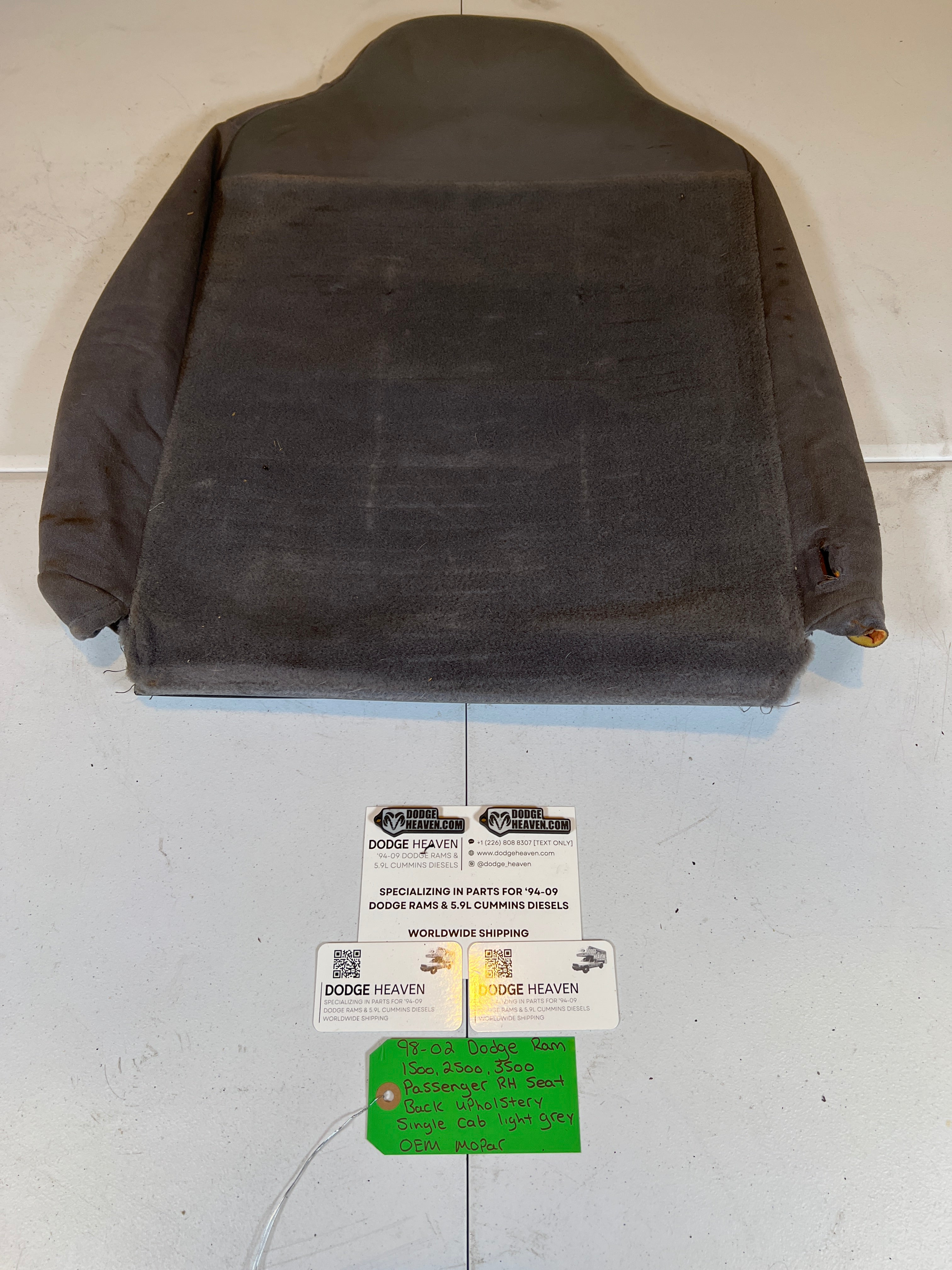 1998-2002 Dodge Ram Single Cab Passenger RH Seat Back Upholstery Light Grey