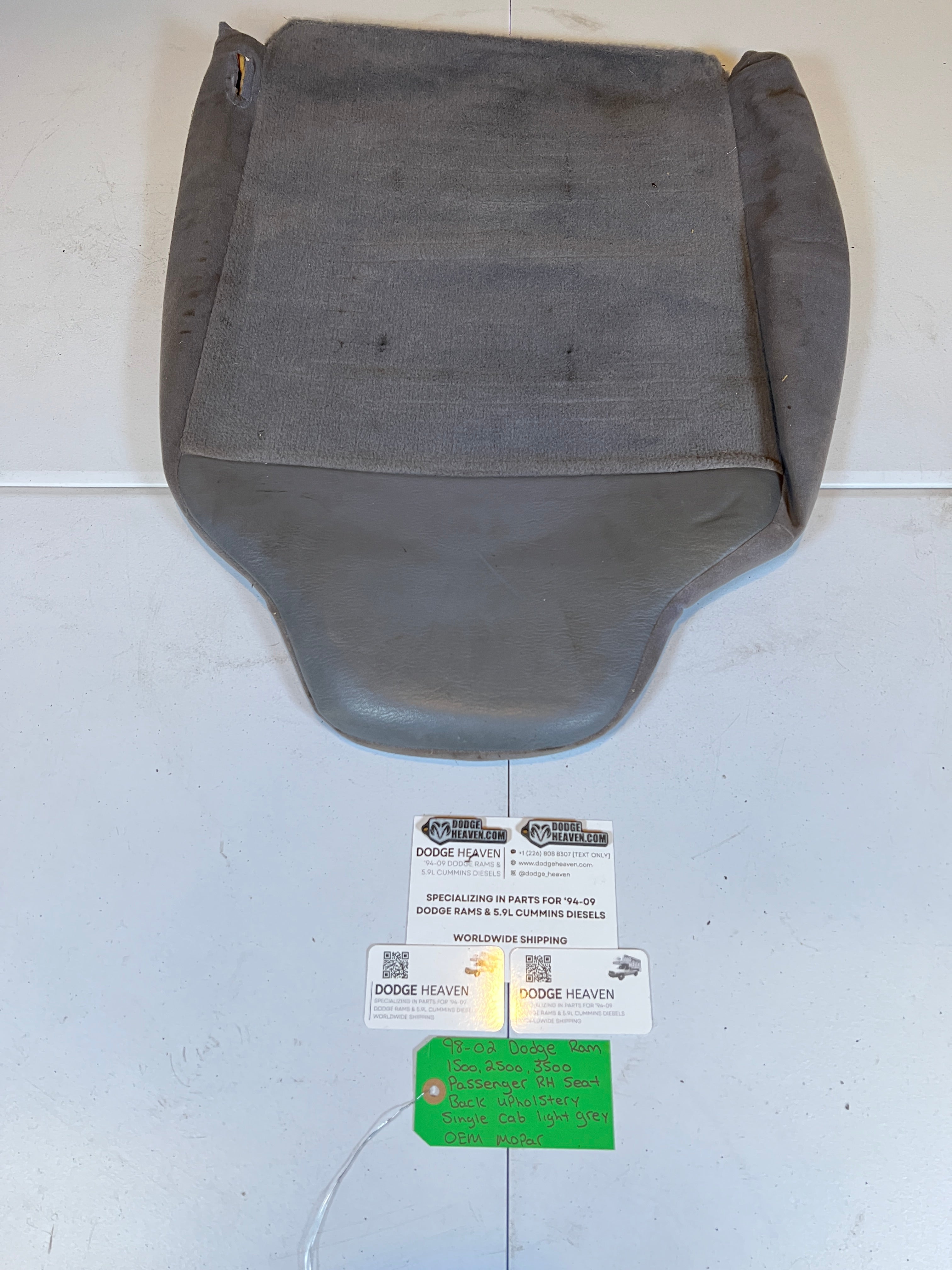 1998-2002 Dodge Ram Single Cab Passenger RH Seat Back Upholstery Light Grey