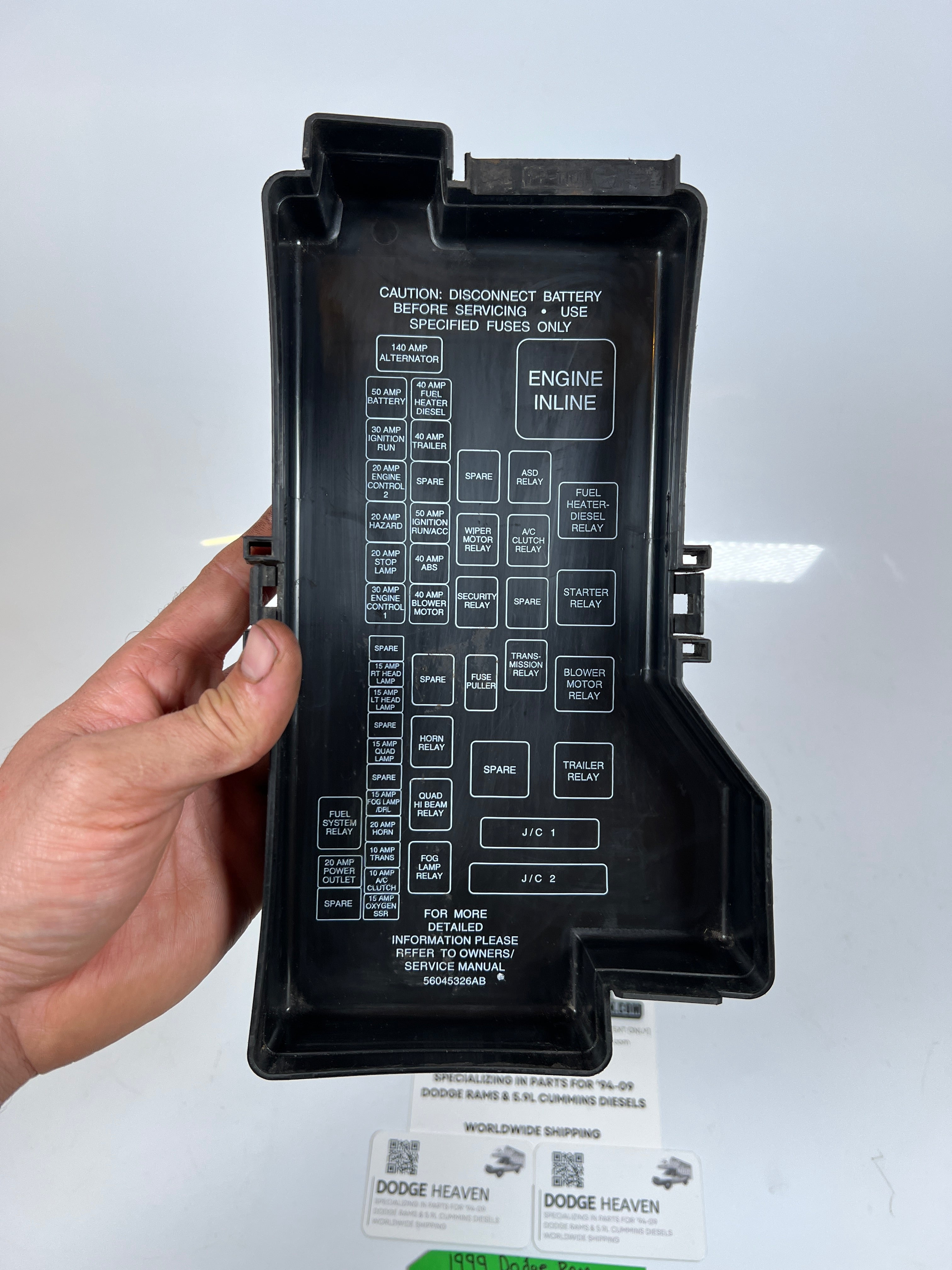 1999-1999 Dodge Ram 1500-3500 Gas & Diesel Fuse Box Lid Cover