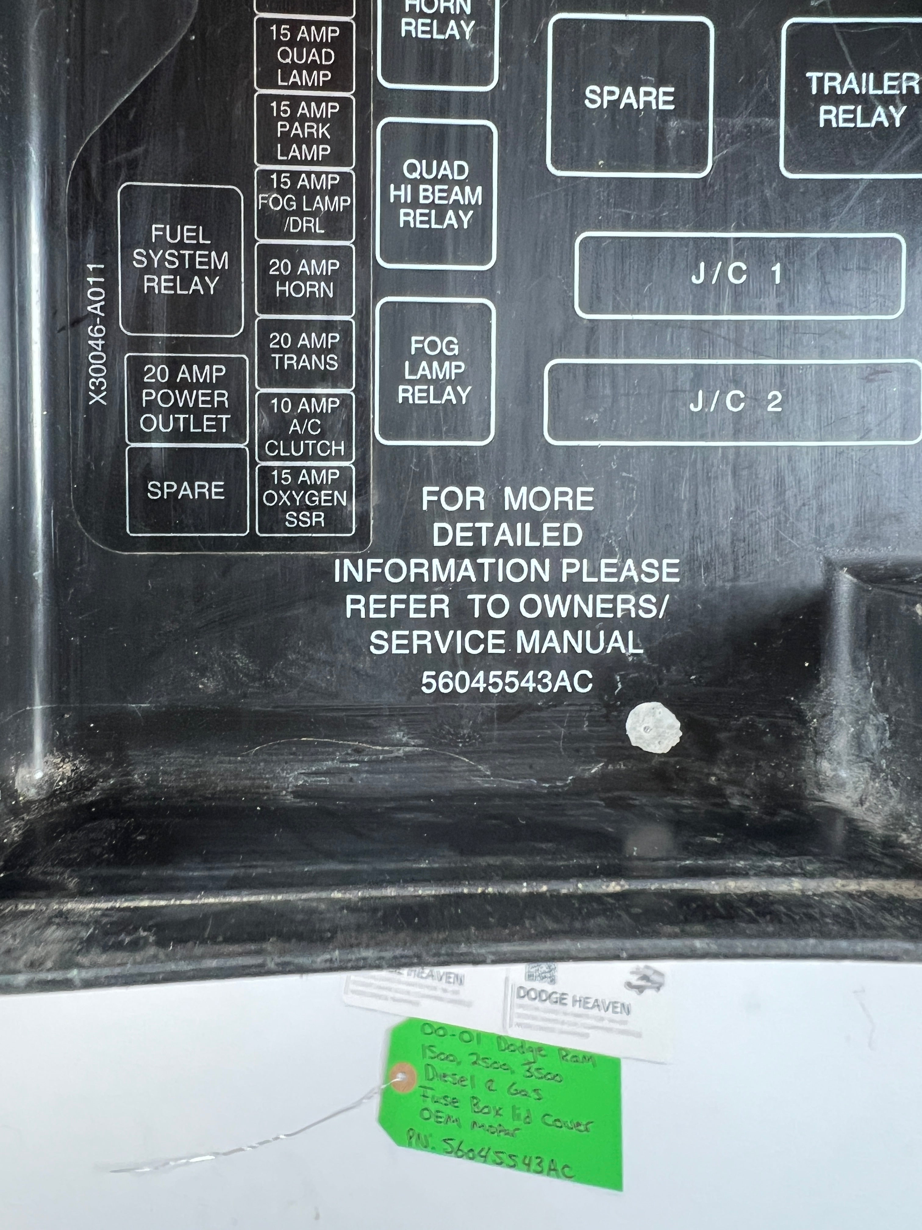2000-2001 Dodge Ram 1500-3500 Diesel & Gas Fuse Box Lid Cover