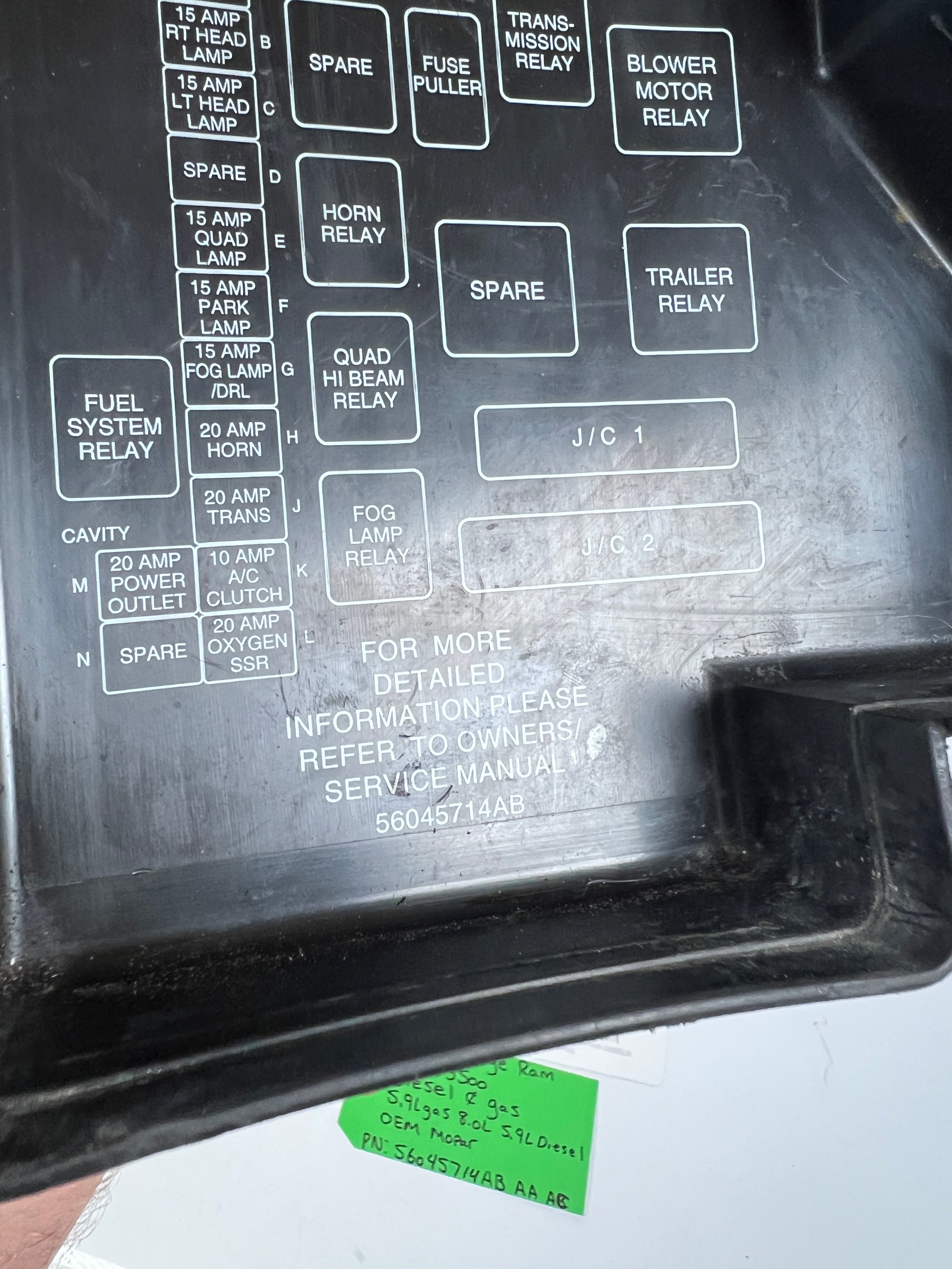 2002-2002 Dodge Ram 2500 3500 Diesel & Gas Fuse Box Lid / Cover