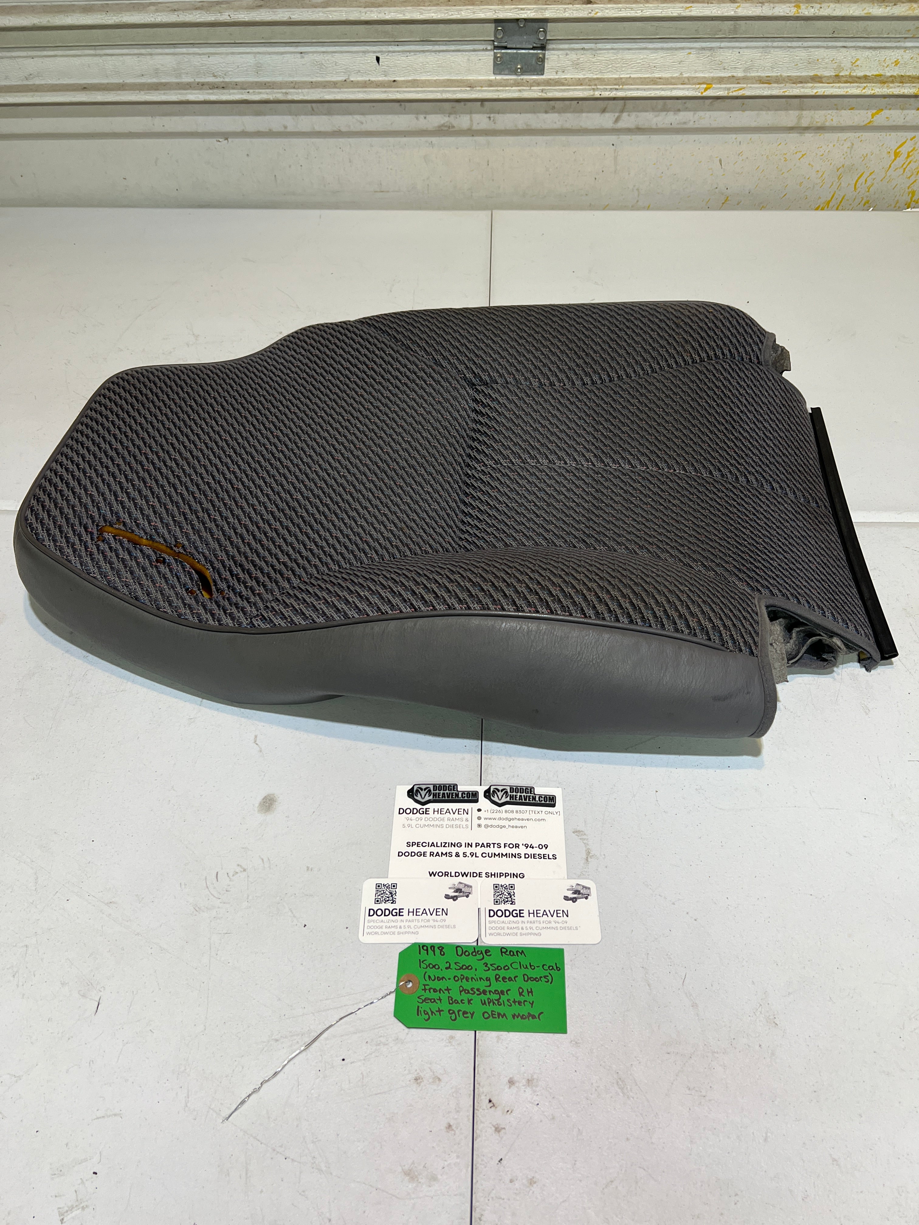 1998-1998 Dodge Ram Club Cab Front Passenger Seat Back Upholstery Light Grey