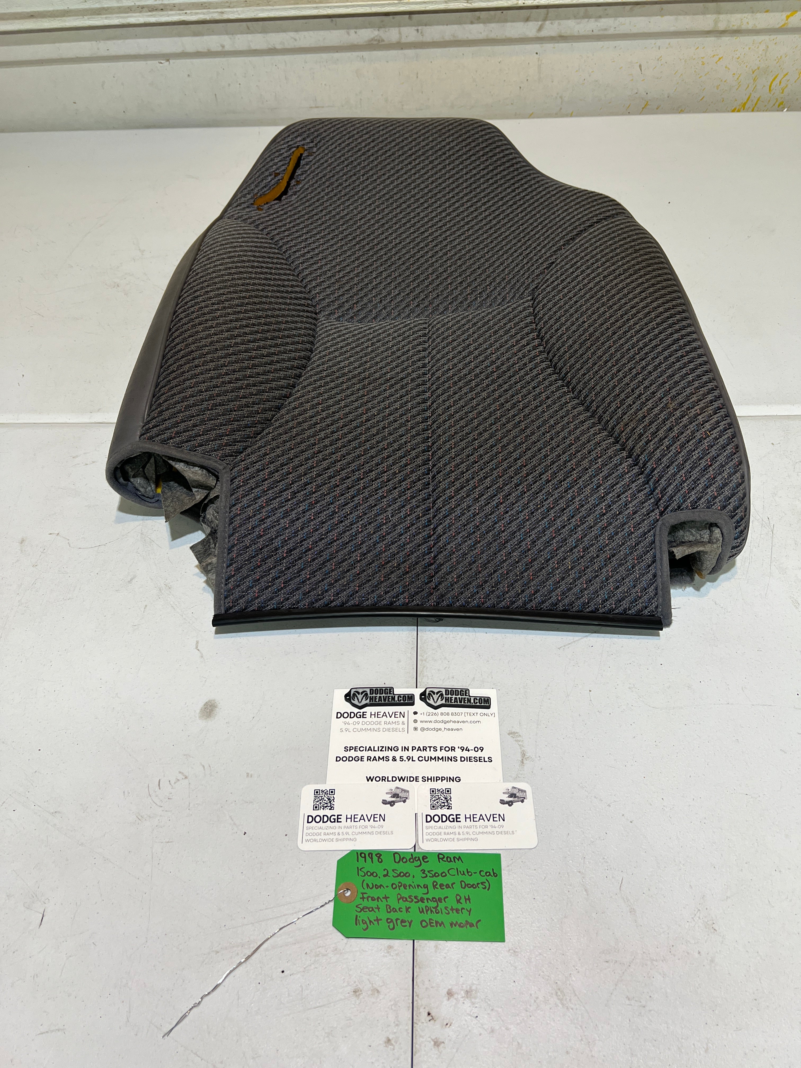 1998-1998 Dodge Ram Club Cab Front Passenger Seat Back Upholstery Light Grey