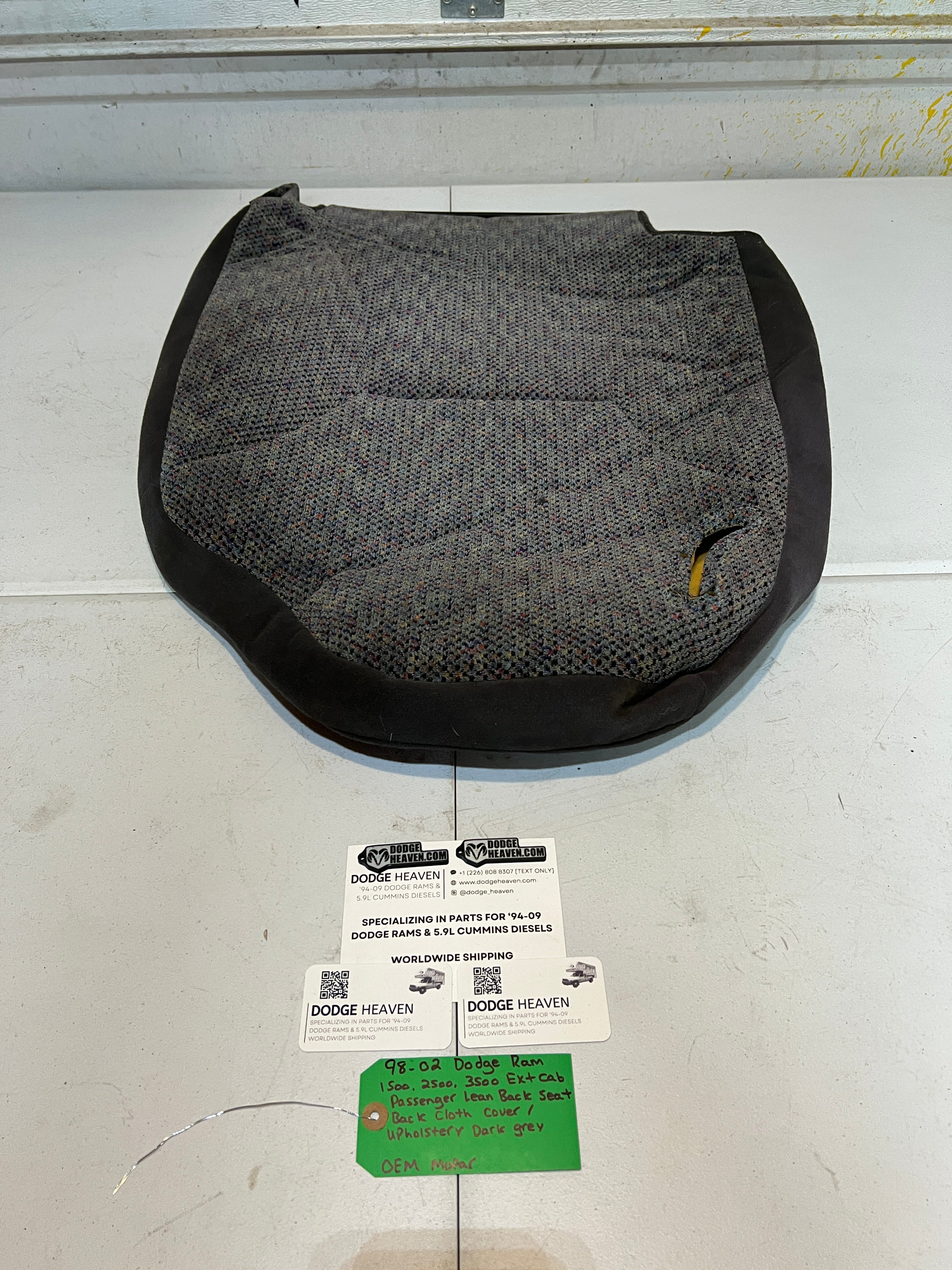 1998-2002 Dodge Ram Extended Cab Passenger Seat Back Upholstery Cover Dark Grey