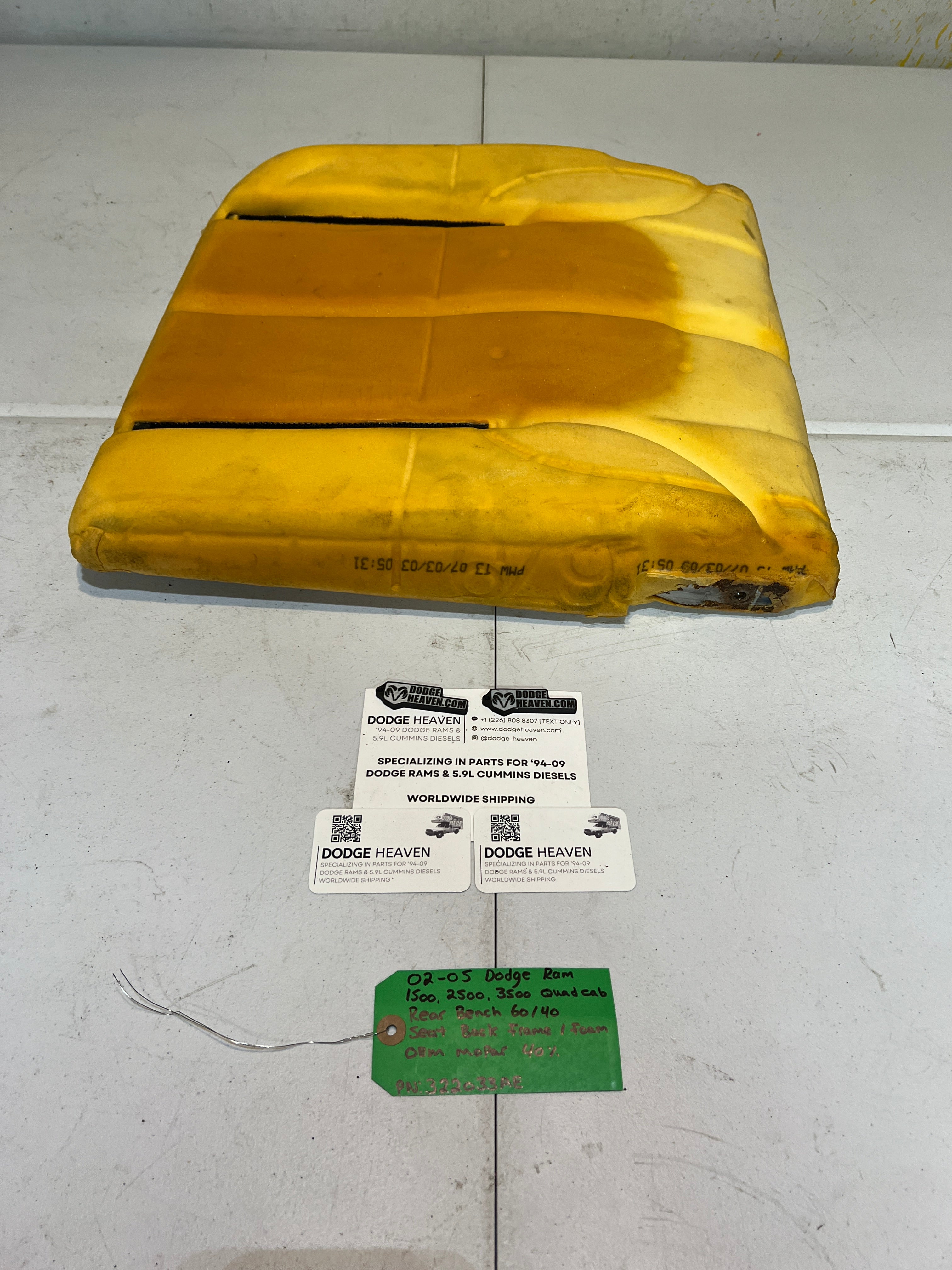 2002-2005 Dodge Ram Quad Cab Rear 60/40 Bench Seat Back Frame & Foam