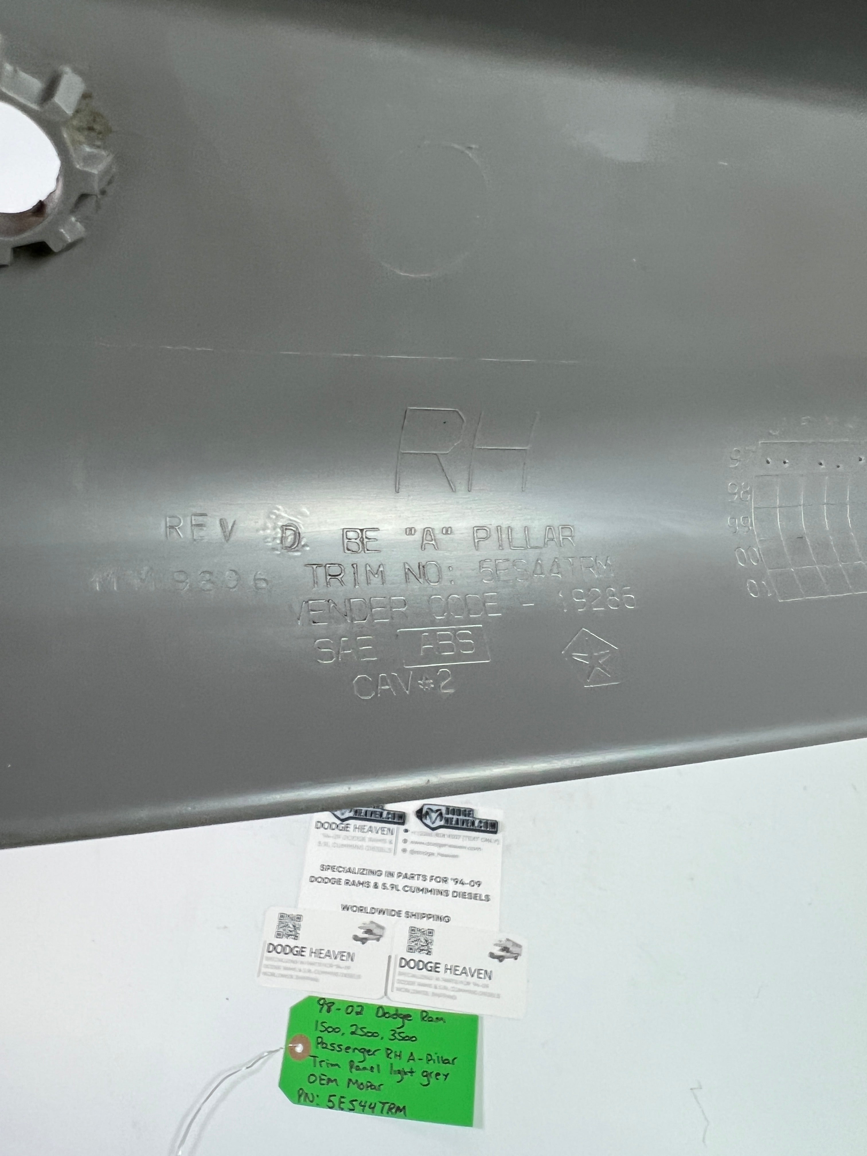 1998-2002 Dodge Ram 1500-3500 Passenger A-Pillar Trim Panel Light Grey