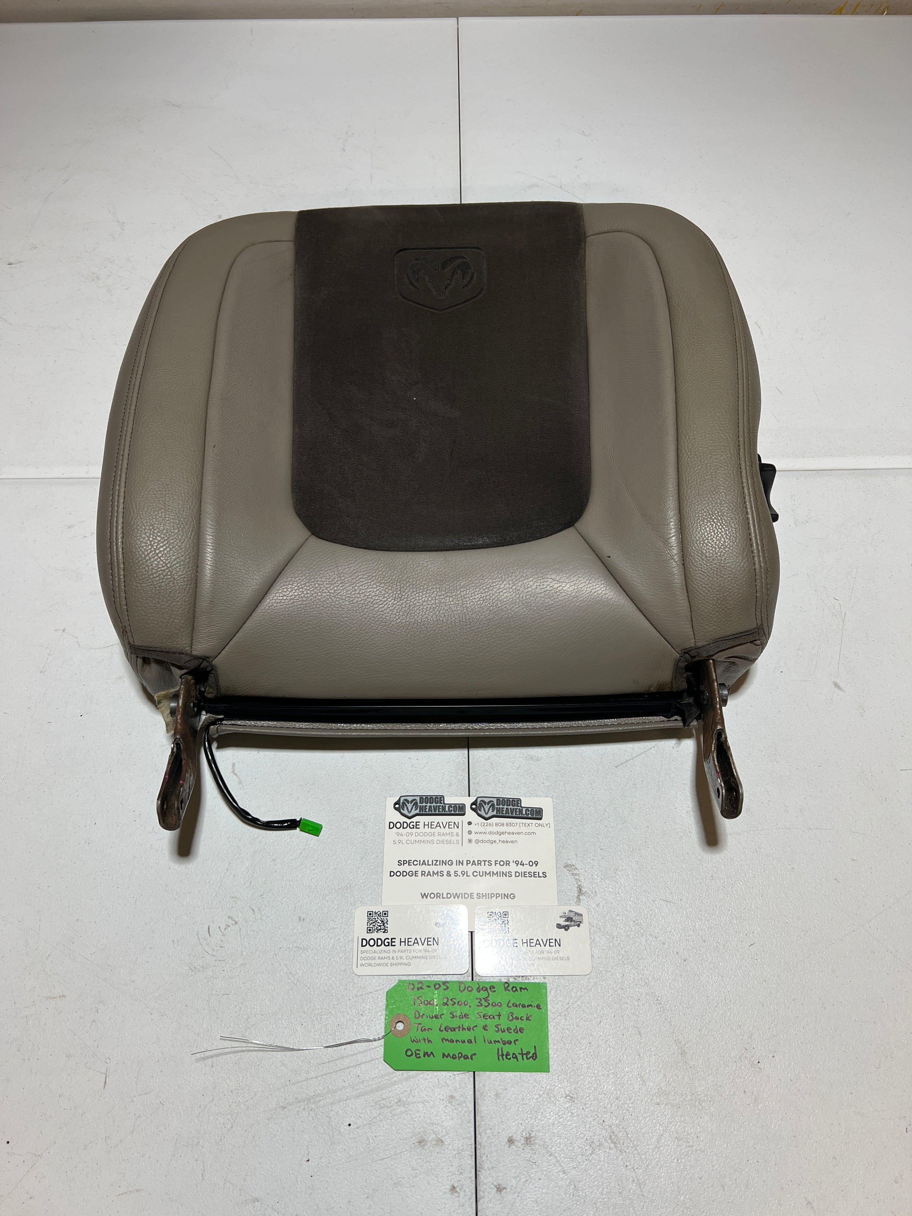 2002-2005 Dodge Ram Driver Side Seat Back Tan Leather & Suede Heated