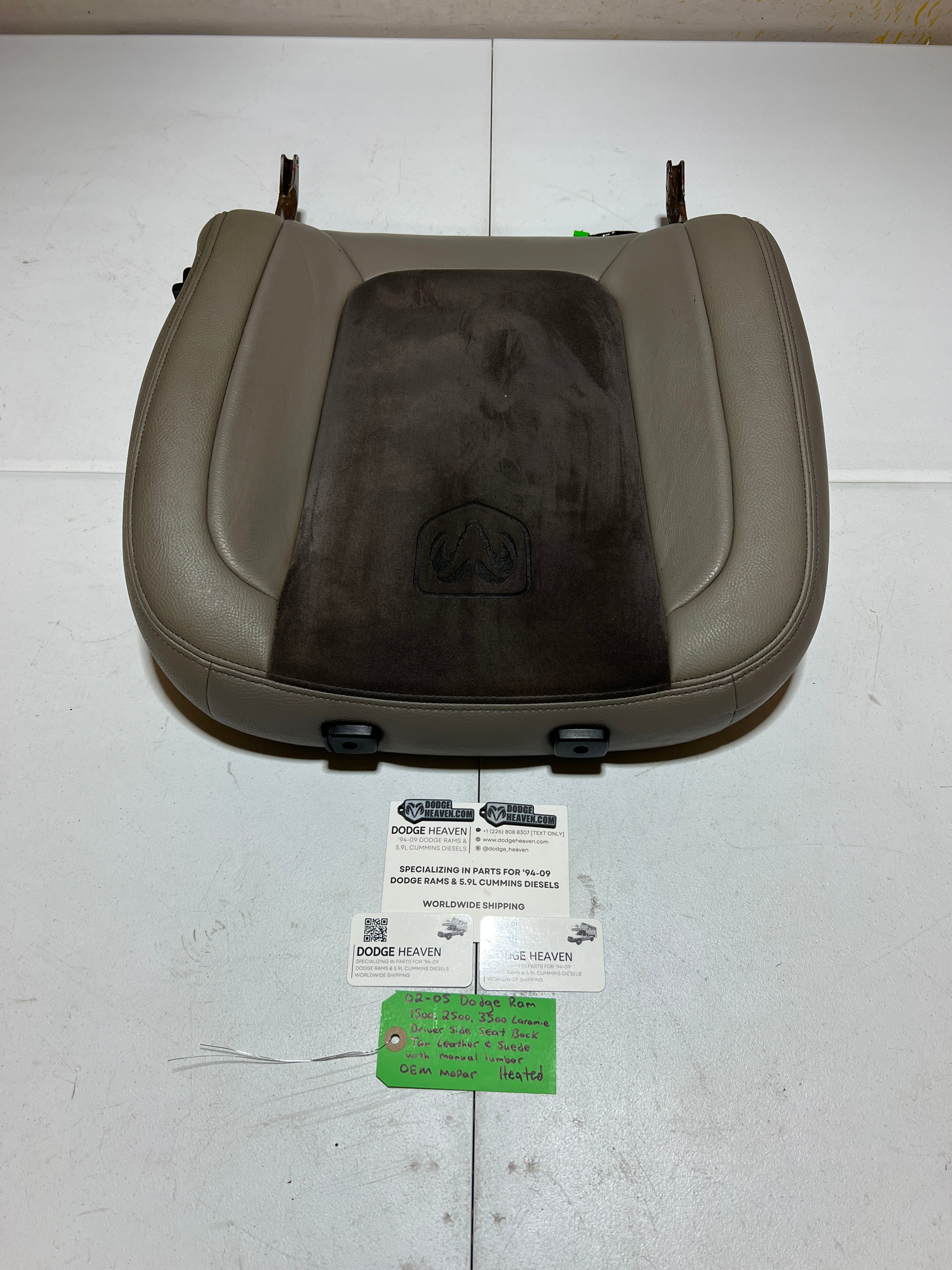 2002-2005 Dodge Ram Driver Side Seat Back Tan Leather & Suede Heated